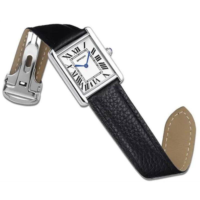 Solstice Square Stainless Steel Watch with Black Leather Strap
