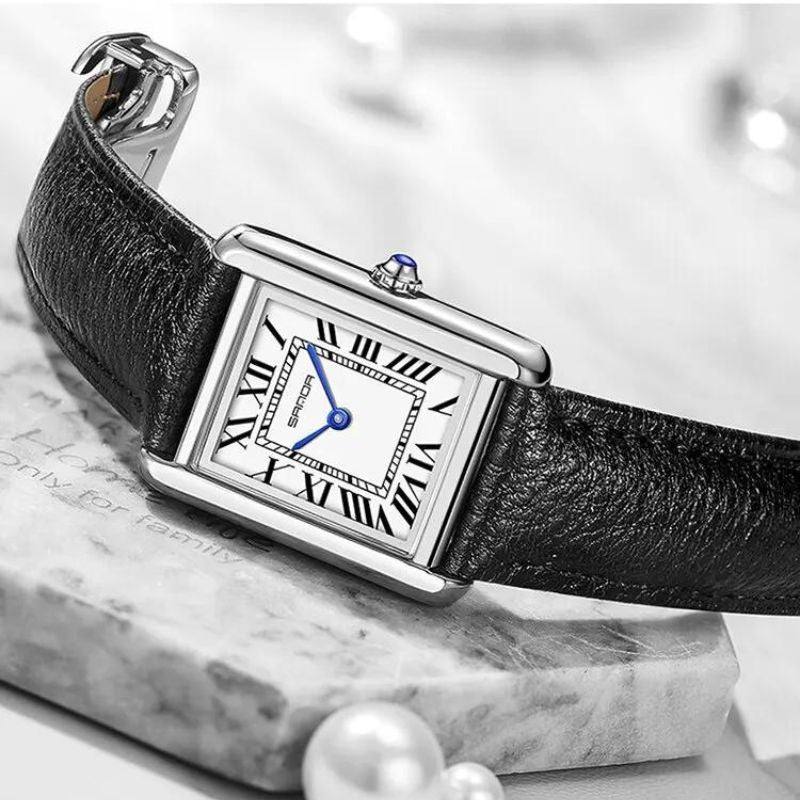 Solstice Square Stainless Steel Watch with Black Leather Strap